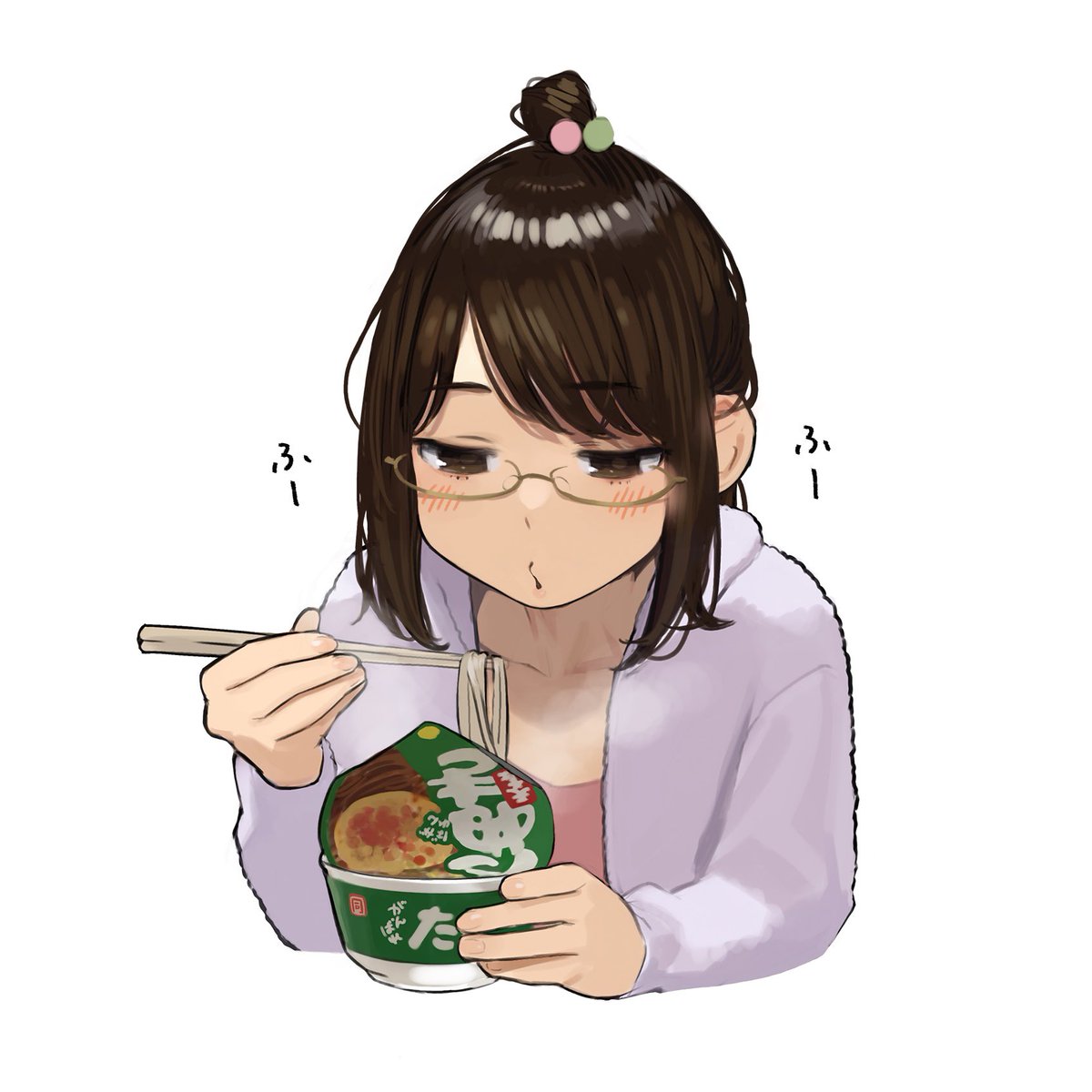 1girl solo glasses brown hair food chopsticks brown eyes  illustration images