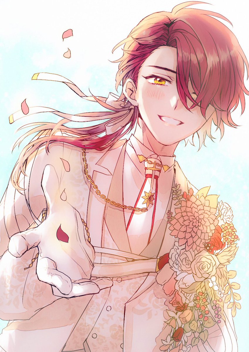 male focus 1boy bouquet yellow eyes flower smile solo  illustration images