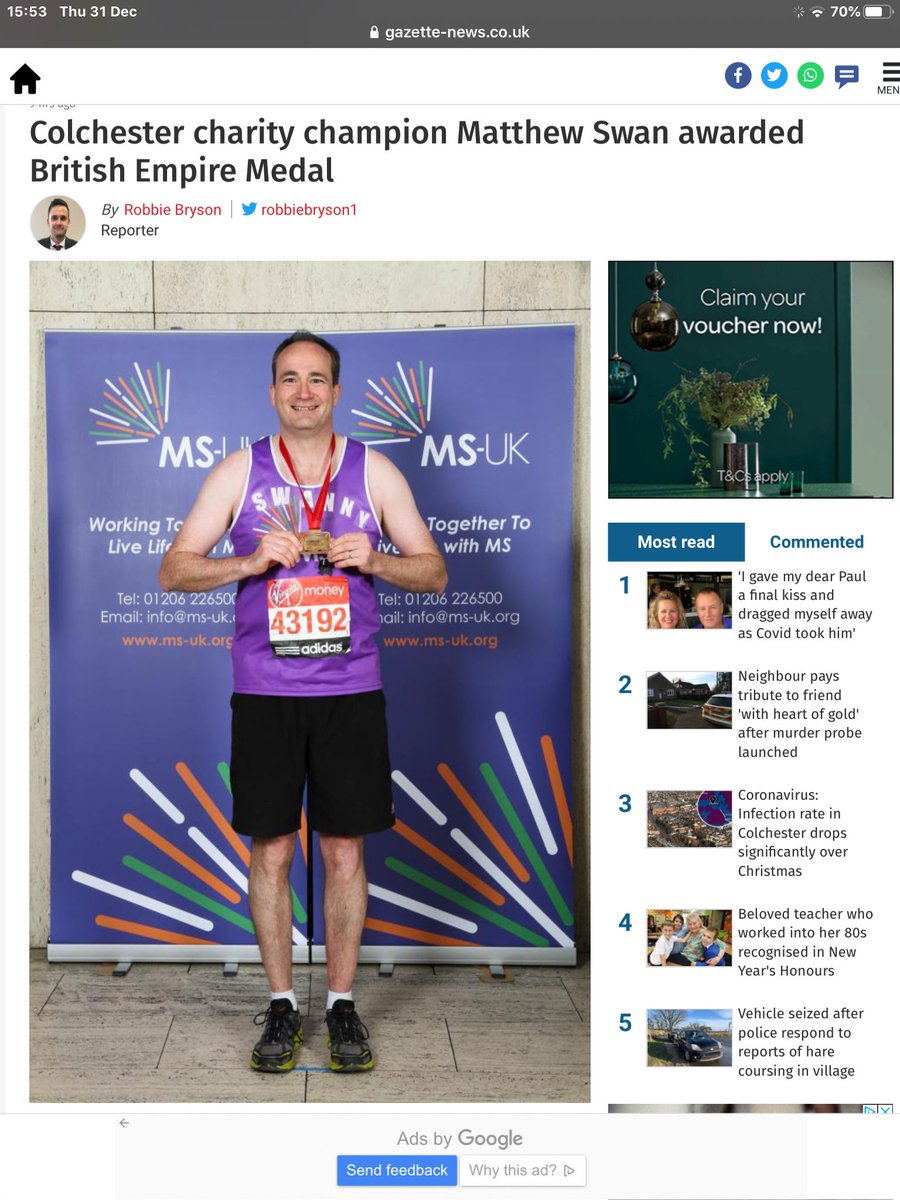 RotaryColchestr's tweet photo. Congratulations to Matthew Swan of Colchester Rotary Club for his award of the British Empire Medal for services to charities!  Well done Matthew! 
Many thanks also to the many people who have supported his work and helped the lives of so many in difficult circumstances. https://t.co/VwMnEgG13L
