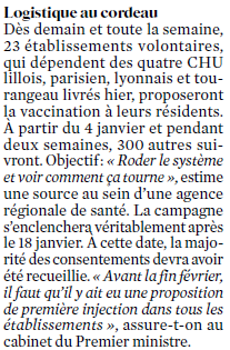 La phase 1 de la vaccination (1 million de personnes) commencera seulement à partir du 18 janvier et durera jusqu'à fin février. D'ici là, l'objectif est de "roder le système et voir comment ça tourne" dans 320 Ehpad triés sur le volet.Source : JDD