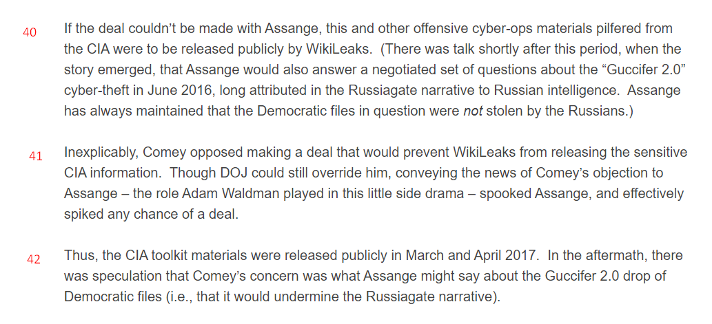 26) The time frame was the Russia Hoax rolling out in February and March 2017. Forget all those familiar players and scenes though, they're just what was happening (I think). We pick up at P38. Comey's sabotaging a deal with WikiLeaks. But why? Cue Slides 17 & 18.