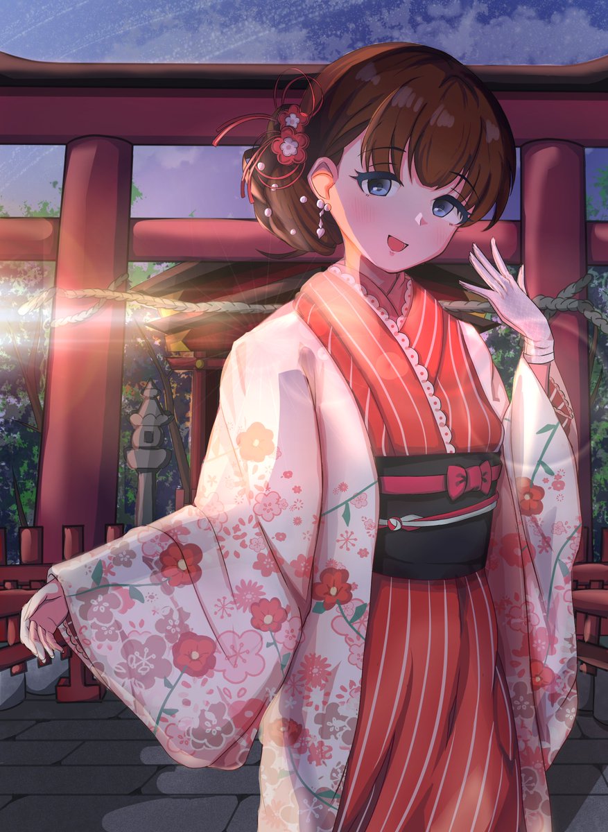 sakuma mayu 1girl japanese clothes kimono solo brown hair torii gloves  illustration images