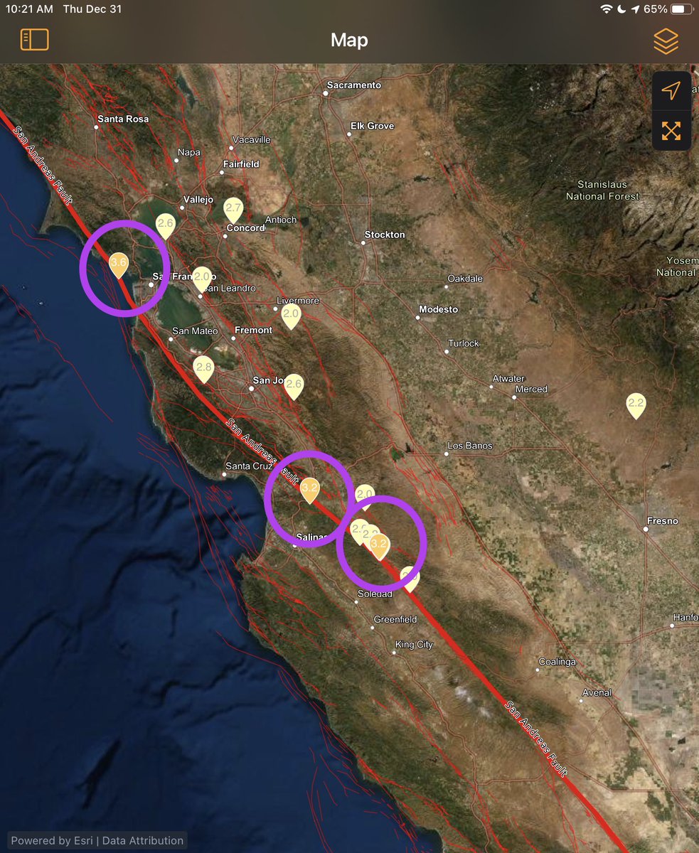 In the last 4 days, there have been 3 earthquakes directly on the San Andreas fault with a magnitude of 3.2 or greater, including today’s 3.6 earthquake in San Francisco.
