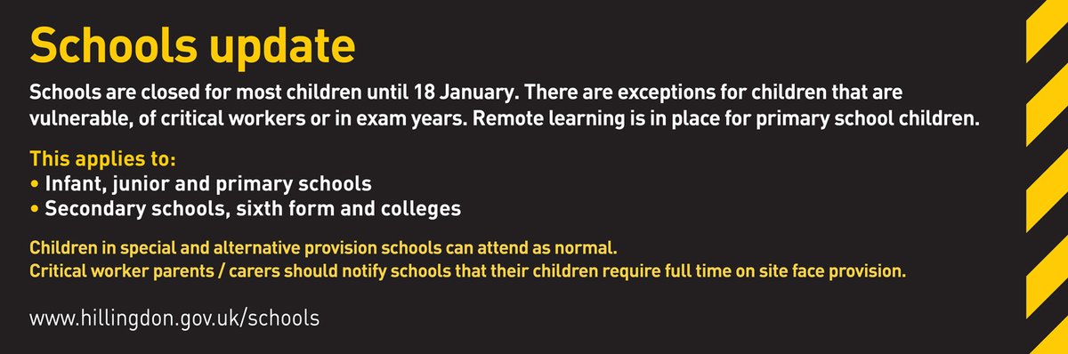 An update on school opening dates following yesterday's announcement from the Department for Education. Primary schools in Hillingdon will remain closed except for children who are vulnerable or of critical workers until 18 January. Remote learning will be provided. 1/3