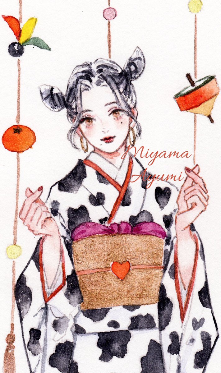 1girl solo animal print cow print year of the ox japanese clothes hair bun  illustration images