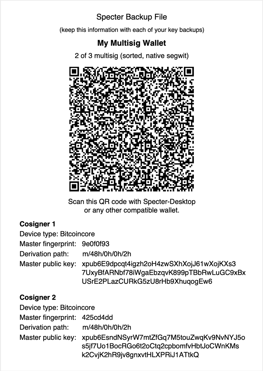 Just as an example of what the final backup might look like, here are a few pics of a PDF backup generated from  @SpecterWalletThis contains the individual devices keys list, as well as everything in an output descriptor format (and a bit of extra data like wallet name etc.)