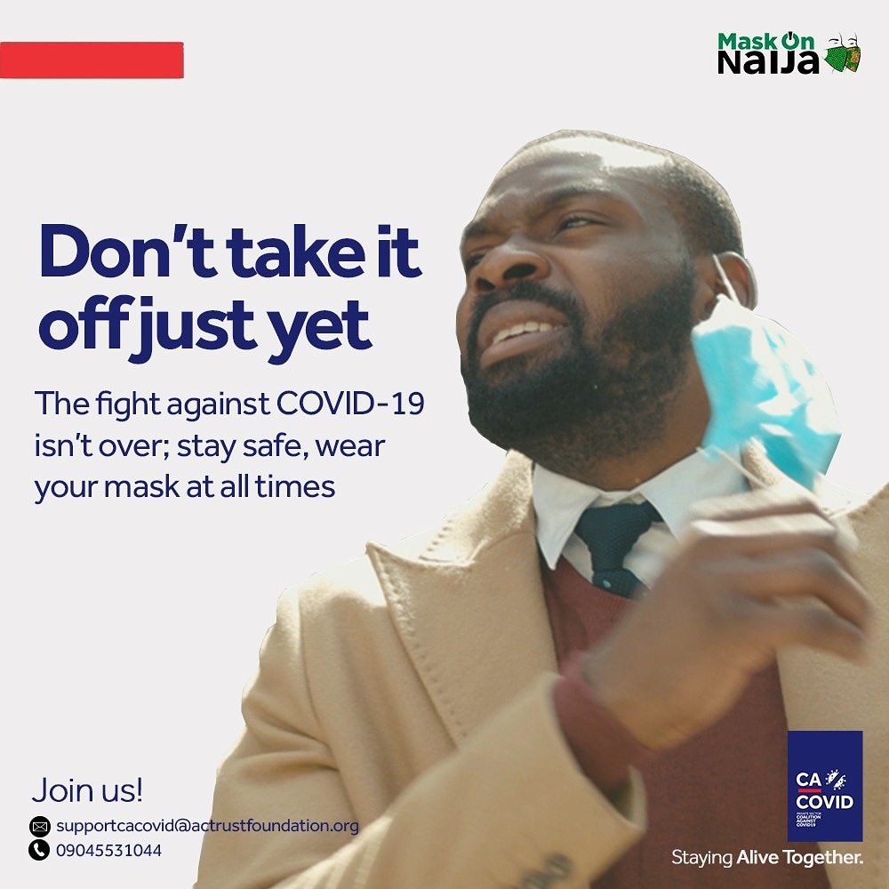 We're not out of the storm yet, your mask is still as important as ever. Make sure you have it on in public places to keep yourself and your community safe #CACOVID #StayingAliveTogether #MaskOnNaija