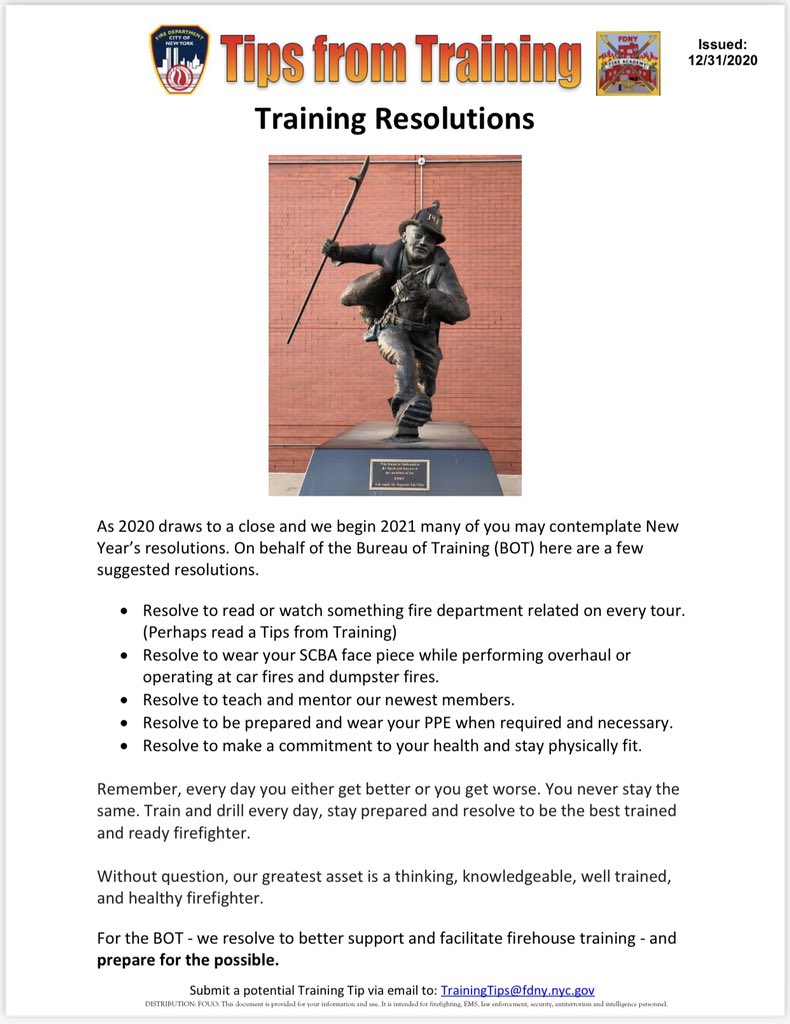 As 2020 draws to a close on a challenging year. We look ahead to more normal times &amp; reflect on our goals for 2021. The final 2020  #fFDNY “Tipsfrom Training”provides a few #firefighter 2021 resolutions. Wishing you a happy, healthy, prosperous, &amp; of course a learnable new year.