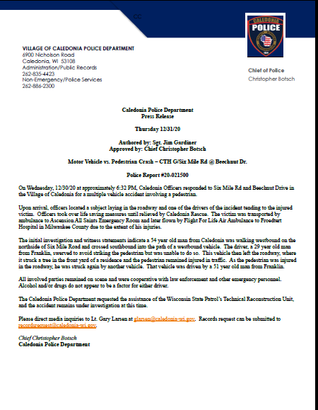 Press Release from car vs. pedestrian accident on Six Mile Rd. 12/30/20