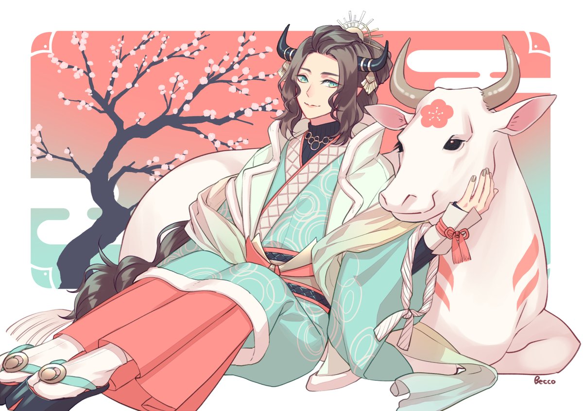 1boy horns male focus cow brown hair solo year of the ox  illustration images