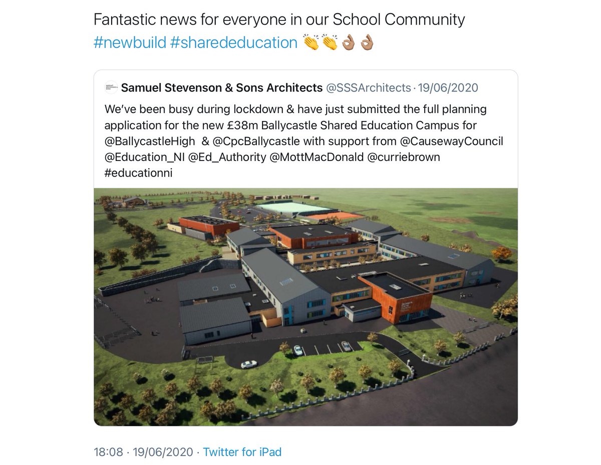 CpcBallycastle's tweet photo. June arrived and finally there was some good news - our new Shared Campus with @BallycastleHigh finally reaching Full Planning Application - a brilliant opportunity to make a real difference to the young people in North Antrim #June #SharedCampus https://t.co/VYjTrb2lkt