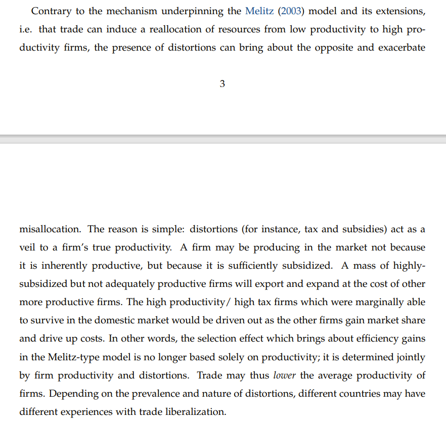 (8/n) Likewise, if businesses cannot operate relatively freely! In another paper, Bia et al. (2019) show that, in a worse case scenario, trade liberalisation can possibly do more harm than good if policymakers continue to support unproductive businesses ( https://www7.econ.hit-u.ac.jp/cces/trade_conference_2019/paper/dan_lu.pdf)