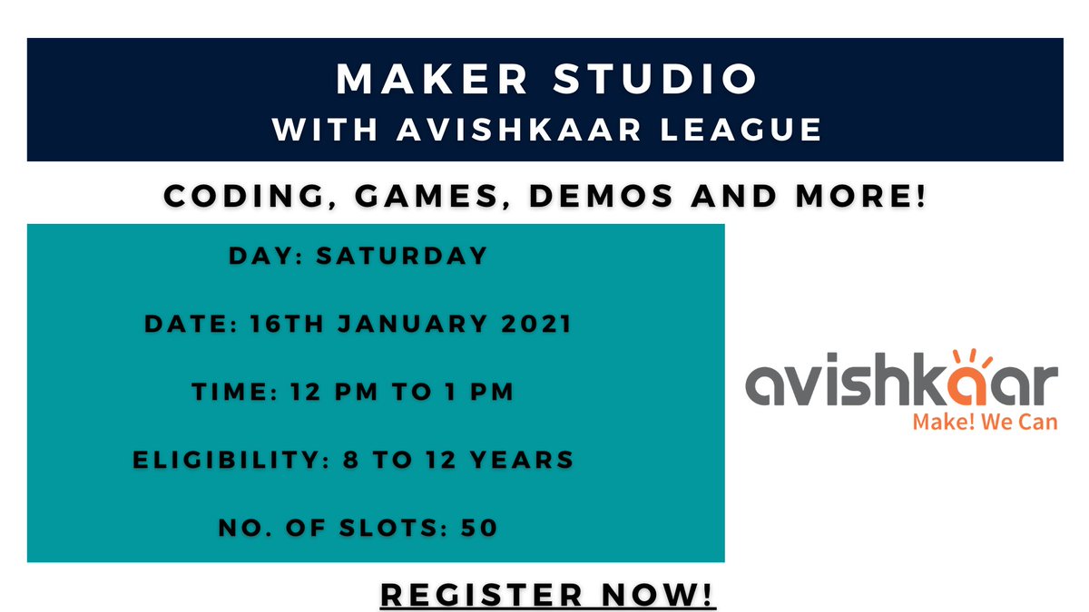 IndSciFest's tweet image. Our #Knowledge partner, @AvishkaarEdu  is hosting a #makerstudio #workshop with #coding, #demos, #games and more. Limited slots available for 8-12 year olds! Register now at forms.gle/VLv1zaXSgVUgA6…! #ISMO2021 #science #sciencefest #virtual #interactive