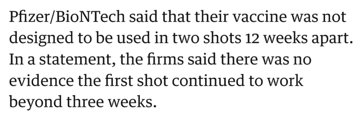 Somewhat alarmingly, the latest "advice" of the Joint Committee on Vaccination and Immunisation (​ #JCVI) on the  @pfizer/ @BioNTech_Group  #vaccine... https://www.gov.uk/government/news/jcvi-issues-advice-on-the-astrazeneca-covid-19-vaccine...DIRECTLY CONTRADICTS the unequivocal statements of the companies themselves: