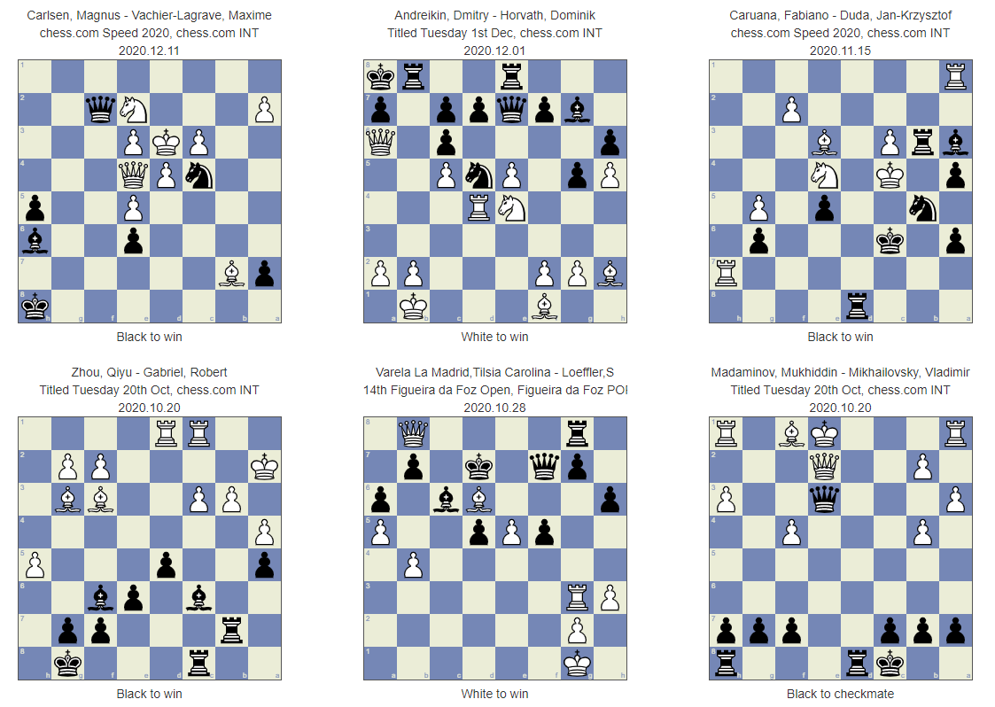 Chesspuzzle.net on X: The 52 best chess puzzles of the year 2020! All  based on tournament games played in 2020. Includes puzzles with Carlsen,  Caruana, Nakamura, MVL, Shirov, Svidler, Ding Liren, Nepomniachtchi