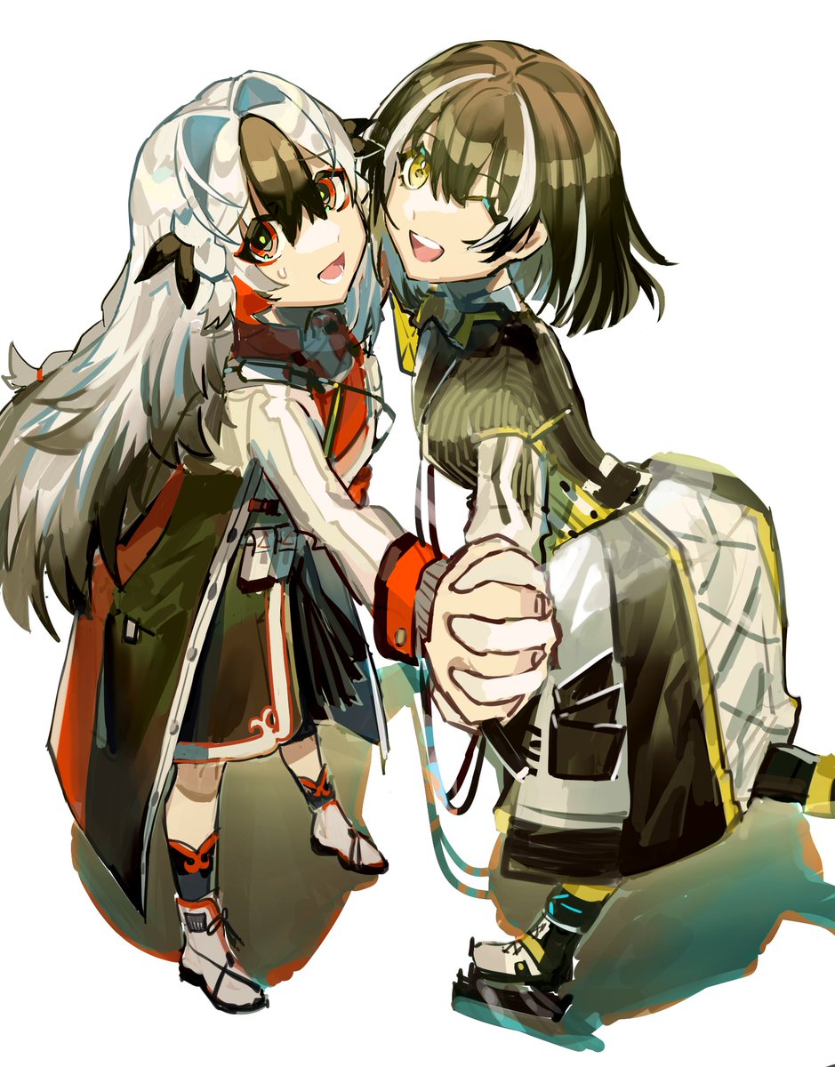 magallan (arknights) multiple girls 2girls holding hands white hair streaked hair one eye closed smile  illustration images