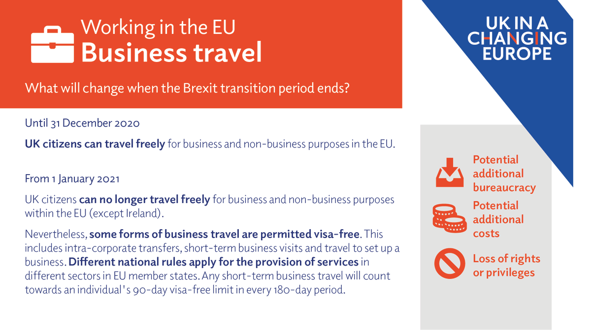 UKandEU's tweet photo. If you're travelling ✈️🚆 to the EU (except Ireland) for business from 1 January, you may need a visa unless it is for certain purposes, such as meetings or conferences

Any business travel will count towards your 90-day visa-free limit in the Schengen zone

#BrexitChanges https://t.co/WQJNAfTtP9