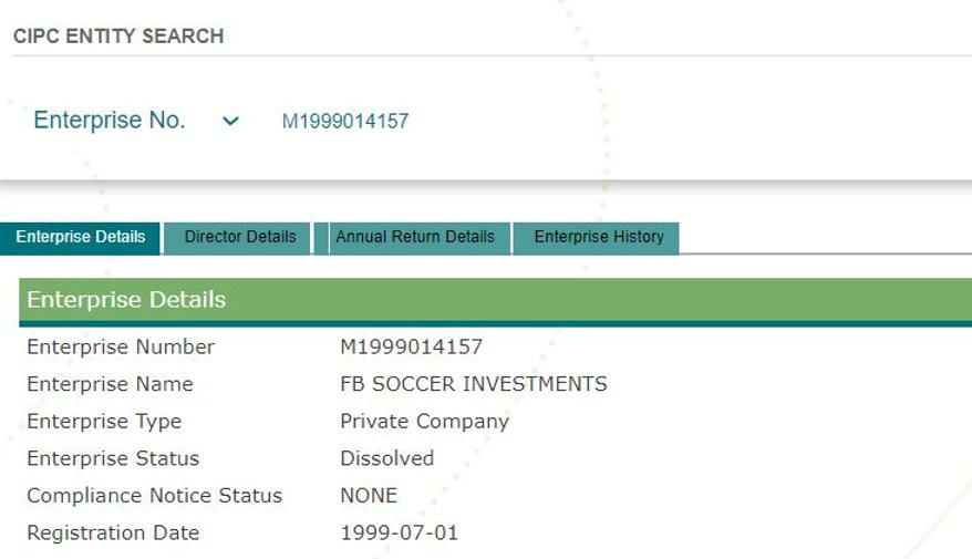 This company was made up of Neil Bernstein and David "Pine" Chabeli. On this date in 1999, BCH showed up on the CIPC registration of another company called FB Soccer Investments which was registered on the exact same day. Coincidence perhaps? NO!