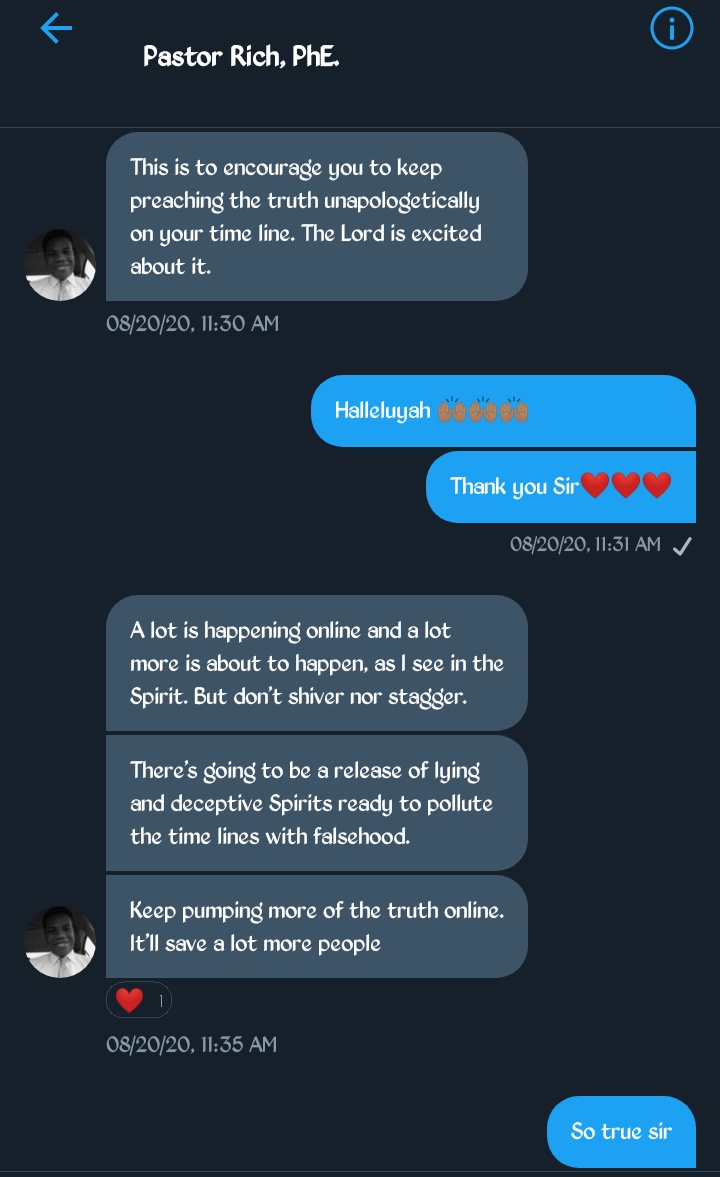 THE Pastor Rich I first happened on one of his threads on spending hours in prayers. It challenged me, & for the first time ever I prayed 6 hours at stretch in tongues Thank you sir for the threads, the support & engagements. It encouraged me to do more. I love you sir 