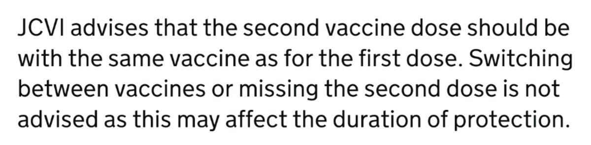 And finally for now, while appreciating the need for formal language, does  #JCVI really only "advise" that you get the same  #vaccine for both shots?! Given the 2 currently available stimulate immune responses by completely different methods, mightn't it be better to REQUIRE it?