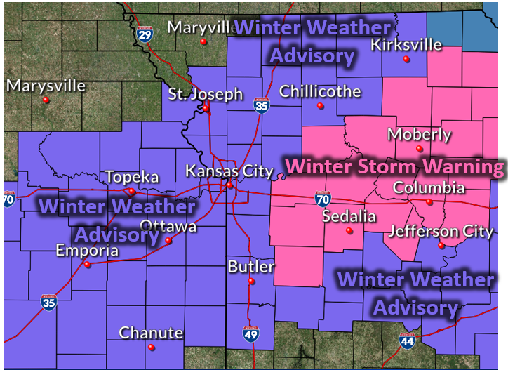 NWSKansasCity's tweet photo. A winter storm is expected to impact the region beginning late tonight and continuing through Friday afternoon. Travel conditions will deteriorate rapidly once wintry precipitation begins, so please make sure you plan accordingly for any NYE plans. See the graphics for details! https://t.co/WZ4NzORraj