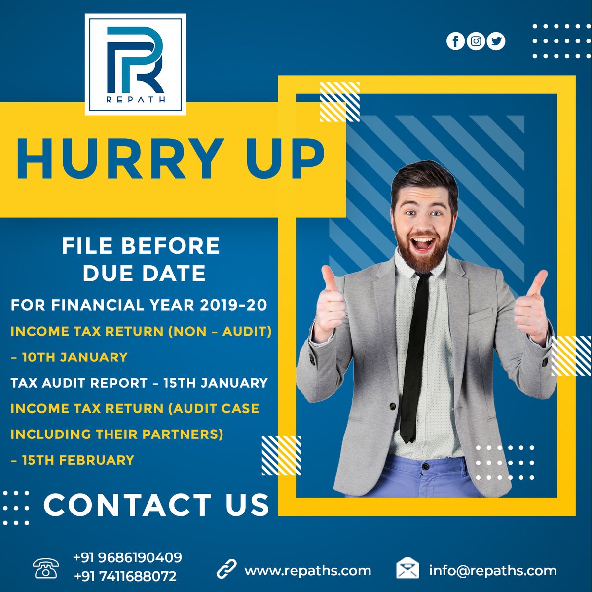 RepathL's tweet image. File your 2019-20 Income Tax Return and Tax Audit Report Before the due date..?

Contact Us For More Details: 
+91 9686190409
+91 7411688072

Visit Us: repaths.com

#IncomeTax #IncomeTaxReturns #filing #Taxaudit #reports #accounting #firm #duedates #financialyear