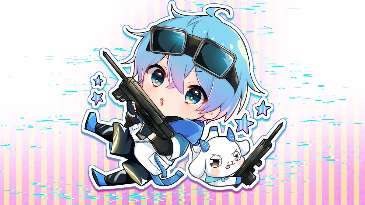 weapon 1boy gun chibi male focus blue hair holding  illustration images
