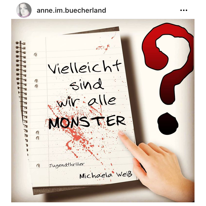 MichaelaCWeiss's tweet photo. Die liebe #AnneimBücherland hat ein #Interview mit mir &amp; eine #Rezension zu #VielleichtSindWiralleMonster veröffentlicht ✍️
#Danke dir, es hat viel Spaß gemacht 🥰

#Bücher #MichaelaWeiß #Thriller #lesen #Rezi #Autoren #Buchempfehlung #Jugendbücher #lesenswert #Buchblog #Buchtipp https://t.co/N0J4d7pgZq