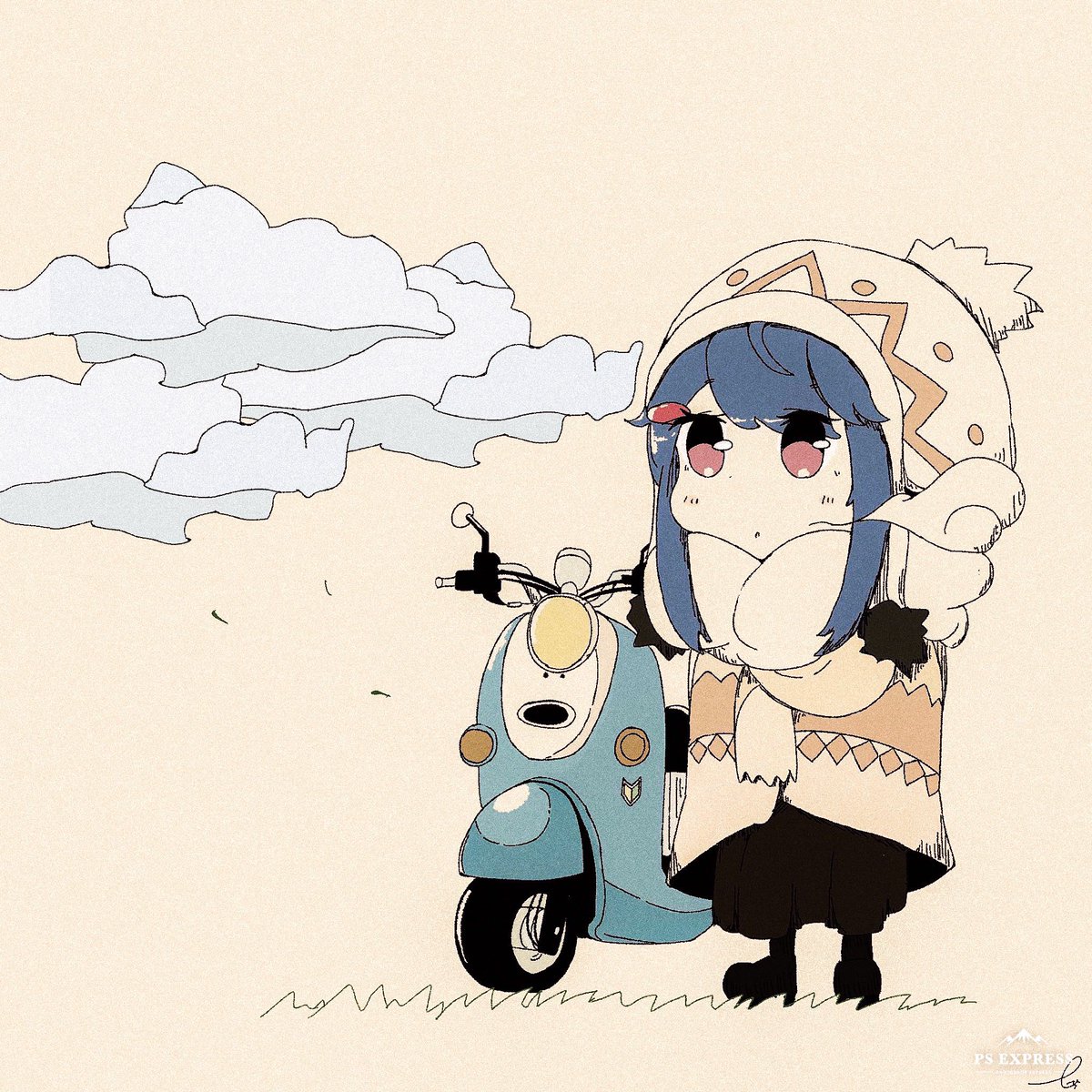 shima rin 1girl solo blue hair ground vehicle hat motor vehicle scarf  illustration images