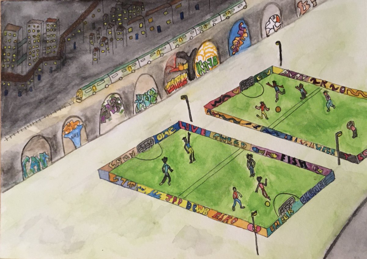 Love this scene of #Brimmington Park by Joelle Noemie. So alive and so much energy, just like the park itself. Let's hope 2021 see's <a href="/lb_southwark/">Southwark Council</a> do the right thing and keep the pitches free to use. #southwark #peckham

artist: instagram.com/joellenoemie_/