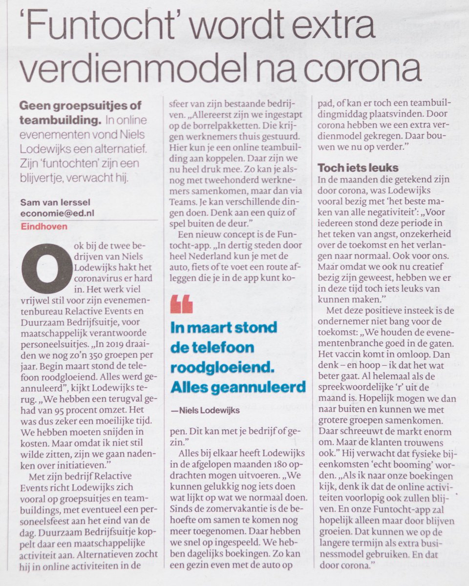 RelactiveEvents's tweet image. Een bijzonder jaar. Niels Lodewijks (eigenaar) aan het woord in het Eindhovens Dagblad.

#ondernemen #creatief #duurzaamondernemen #coronavirus @NielsLodewijks @funtochten @Duurzaam_Uitje @MKBNL