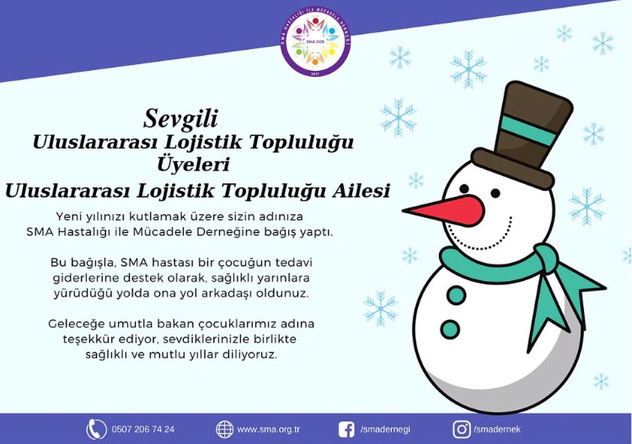 Uluslararası Lojistik Topluluğu ailesi olarak yeni yıla umutla girerken bu hastalığa sahip olan çocuklarımıza da umut olmak istedik. Umarım sizlerde bizim gibi düşünür, destek olursunuz. Hepimiz için daha huzurlu ve sağlıklı bir yıl diliyoruz. Mutlu yıllar🎄🎄🎄

#sma #smadestek