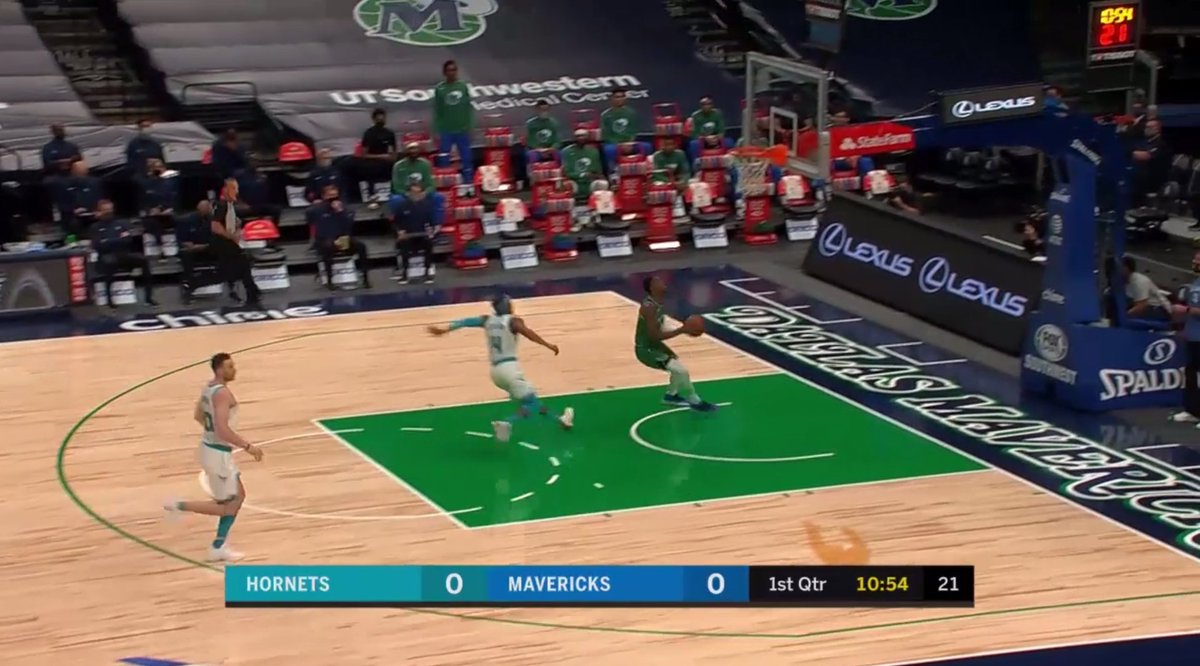 3rd possesion, fast-break Luka pass to open J Rich, layup miss.