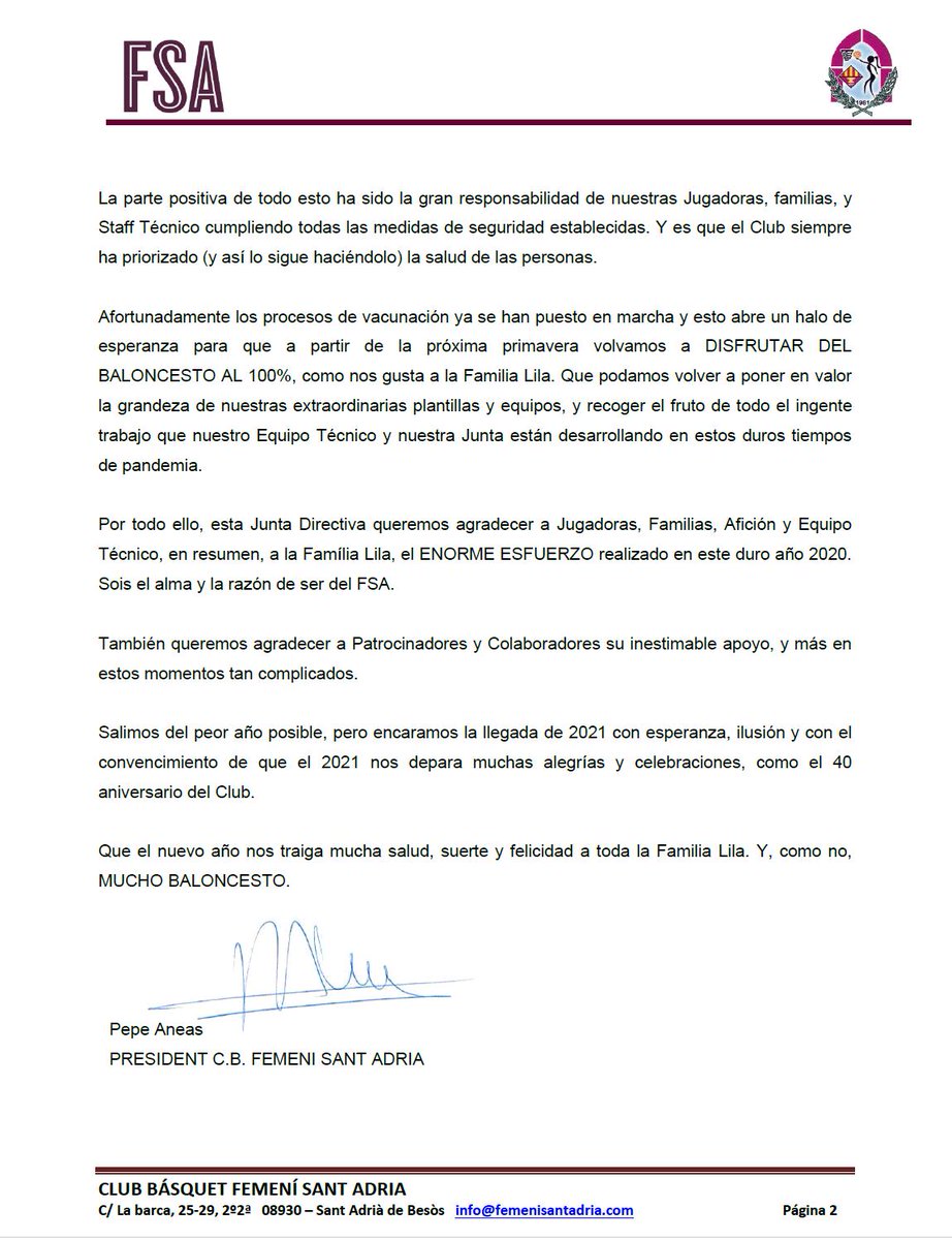 CARTA de <a href="/PepeAneas/">Pepe Aneas</a> para cerrar el 2020. 

Desde el Club Bàsquet Femení Sant Adrià os deseamos una feliz Nochevieja y le pedimos al 2021 mucha salud para la familia lila. 

#ForçaLiles 💜