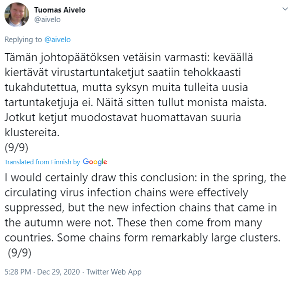 Finns had enjoyed a normal summer, also risk groups that in Sweden have had to stay in isolation for the whole pandemic (by recommendation till autumn, by common sense after). Finns worried travellers would import C19 by not quarantining. Which they did, according to sequencing.