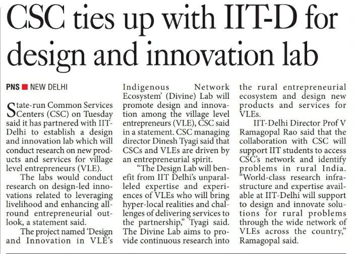 iitdelhi's tweet image. CSC Partners with #IIT Delhi to Set Up Design and Innovation Lab for Village Level Entrepreneurs

The design &amp;amp; innovation lab will be set up at the Dept. of 
Design, #IITDelhi for conducting research on design-led innovations related to leveraging 
livelihood.