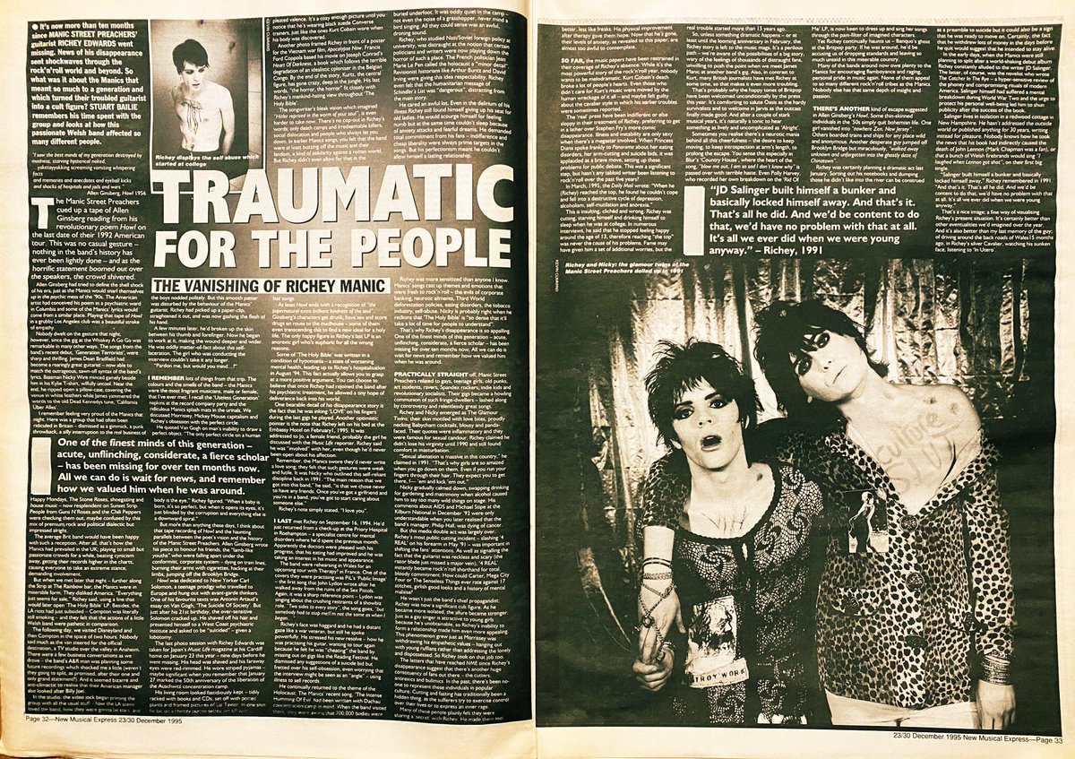 At the end of 1995 Stuart Baile of the NME wrote about the vanishing of Richey back in the February.

Photos by Kevin Cummins <a href="/KCMANC/">Kevin Cummins</a>