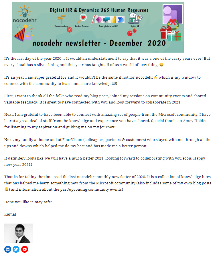 nocodehr's tweet photo. 📢 #newblogpost #digitalhr #d365hr
Last nocodehr newsletter of 2020✍ Thank you all for your support for #nocodehr in #2020
I wish you a very happy new year #2021 and look forward to collaborating with all of you in 2021!
Link to the newsletter: https://t.co/4ilcukgbzF https://t.co/yowduLkZuC