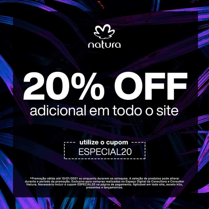 Eu ouvi desconto ADICIONAL EM TODO O SITE? SIM! No meu Espaço Digital você garante 20% de desconto adicional aplicando o cupom ESPECIAL20. 
Acesse para comprar: natura.com.br/consultoria/va…