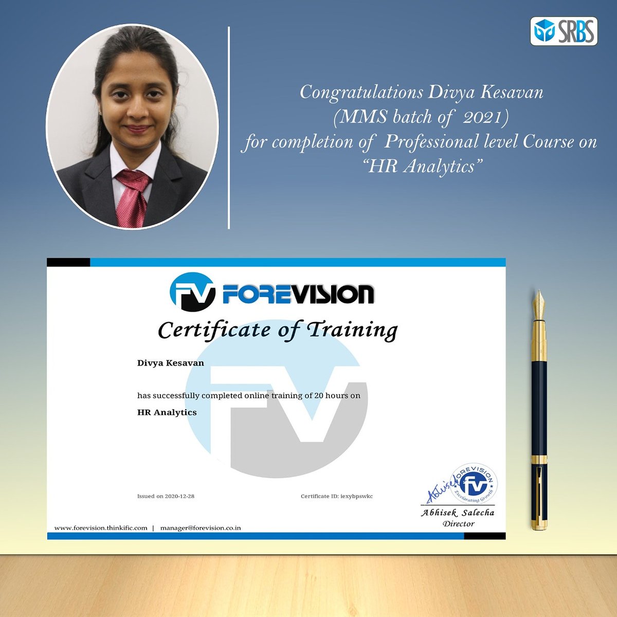 srbs_edu's tweet photo. Congratulations Divya Kesavan for completion of professional course on HR Analytics.
.
.
.
.
.
#srbs #sgrfoundation #rahejaacademia #certificate #training #hr #Analytics #studentsachievement
#HRanalytics https://t.co/bqMq0620Lr