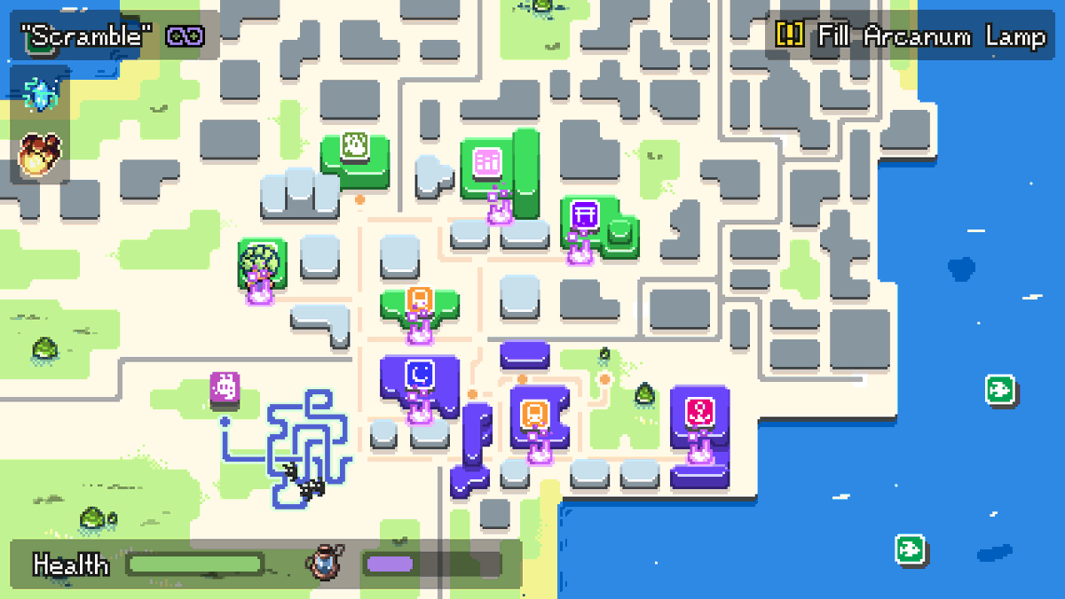 sketchwhale's tweet photo. Worked a lot on world map UI (w/ good advice from gf). Especially the info about levels in the top left was tricky to get right, but it's pretty expandable now, and conveys info, without a lot of wasted space.

#oricana | #gamedev | #indiedev | #pixelart | #ドット絵 https://t.co/B4sA3xjqHK