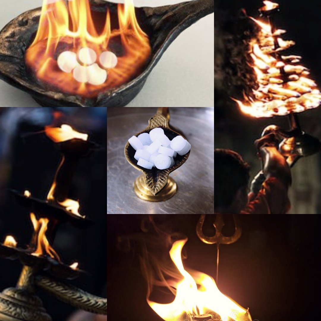 "Aarti" is one of the sixteen steps followed during a Pooja While it has various scientific , spiritual and philosophical reasons behind it , let's know the significance of burning Kapur (Camphor) in Aarti (reference is mainly to the kapur extracted from trees) @LostTemple7