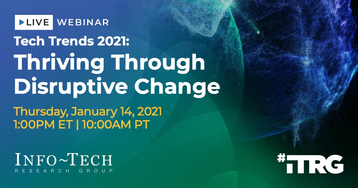 infotechRG's tweet image. The pandemic has had severe economic impact on many businesses. Join our #webinar, Tech Trends 2021: Thriving Through Disruptive Change, when we will explore trends that help create resilience in the face of disruption. Register now: bit.ly/3rejClQ

#TechTrends2021 #IT