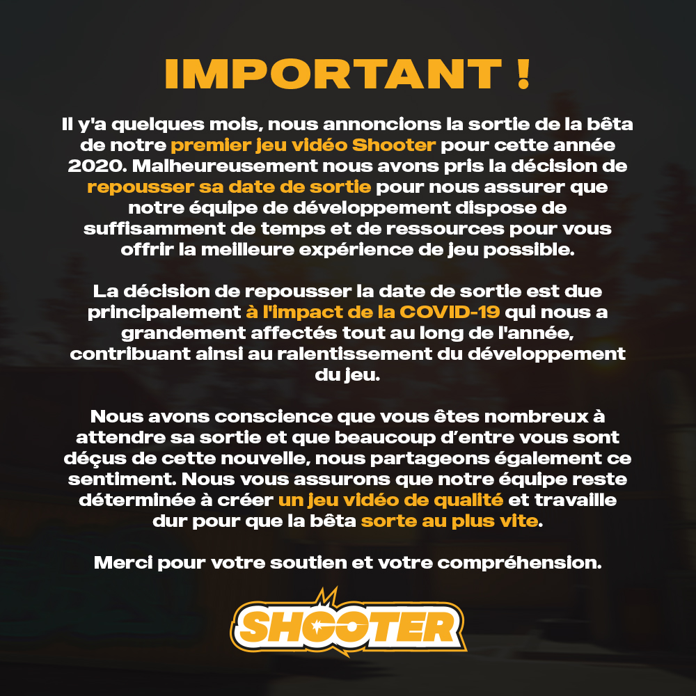mbagnajohan's tweet image. C&apos;est avec un immense regret que nous vous annonçons (@DarkCodeCompany ) le report de la sortie de la version bêta de notre tout premier jeu vidéo &quot;Shooter&quot;, prévue initialement pour cette fin année.
Nous nous excusons encore de ce retard.

#apologies #Shooter #dark_code