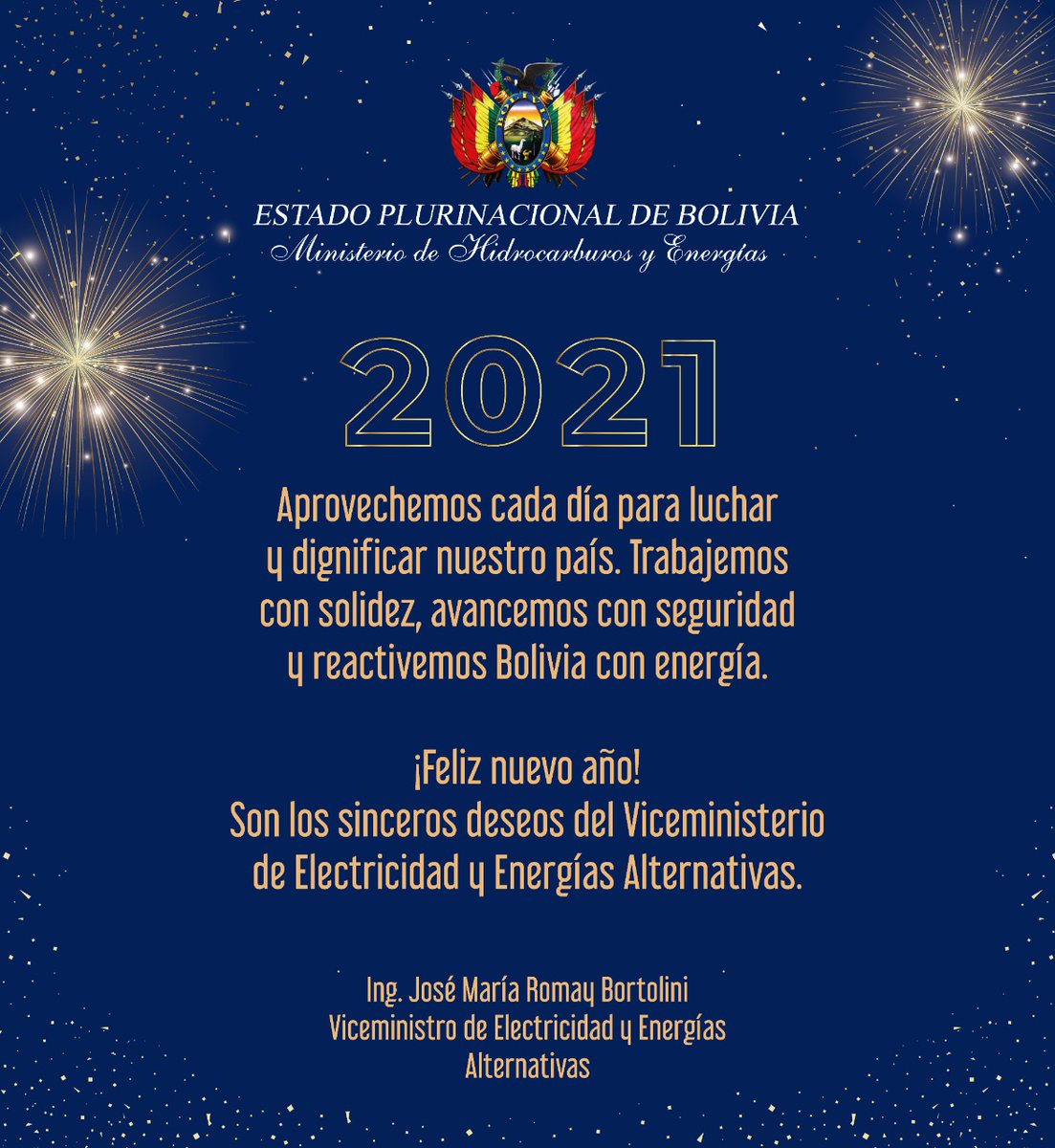 Reactivemos Bolivia con energía.
#VamosASalirAdelante
#AñoNuevo
<a href="/Bolivia_MHE/">Ministerio de Hidrocarburos y Energías</a>