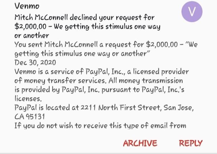 youmightbeatool's tweet photo. Happy New Year to everyone but @senatemajldr Mitch McConnell.

You can still send him a Venmo request senator@mcconnell.senate.gov https://t.co/fsG2Fv8qtm