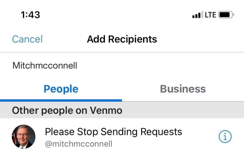 youmightbeatool's tweet photo. Happy New Year to everyone but @senatemajldr Mitch McConnell.

You can still send him a Venmo request senator@mcconnell.senate.gov https://t.co/fsG2Fv8qtm