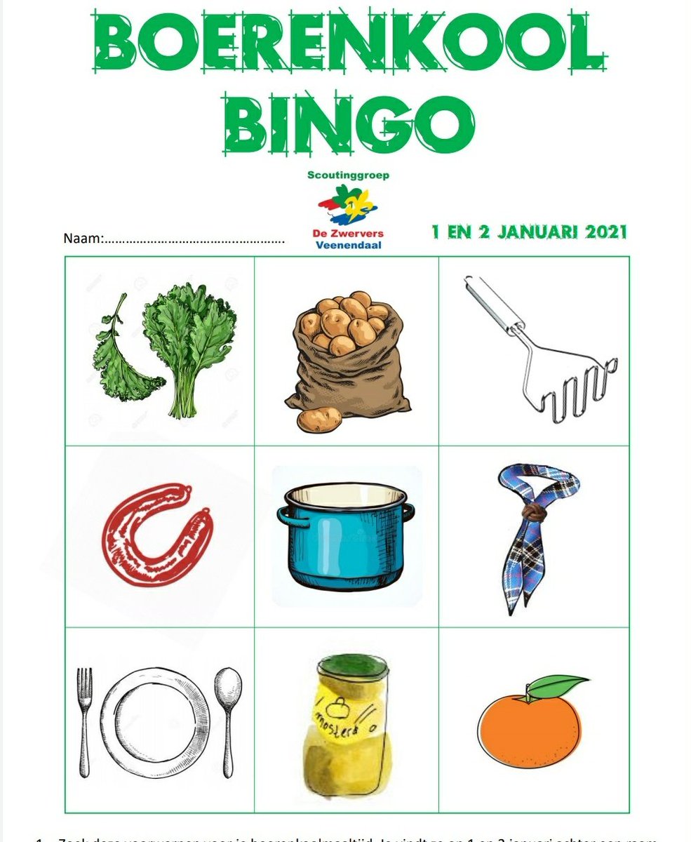 Uiteraard laat een #scout zich graag uitdagen. Daarom geen traditionele boerenkoolmaaltijd, maar een bingo door de wijken van #veenendaal heen en daarna de Grote Boerenkool show online!
Gaan we er toch een onvergetelijke editie van maken! Fijne jaarwisseling!

#zwervers #scouting