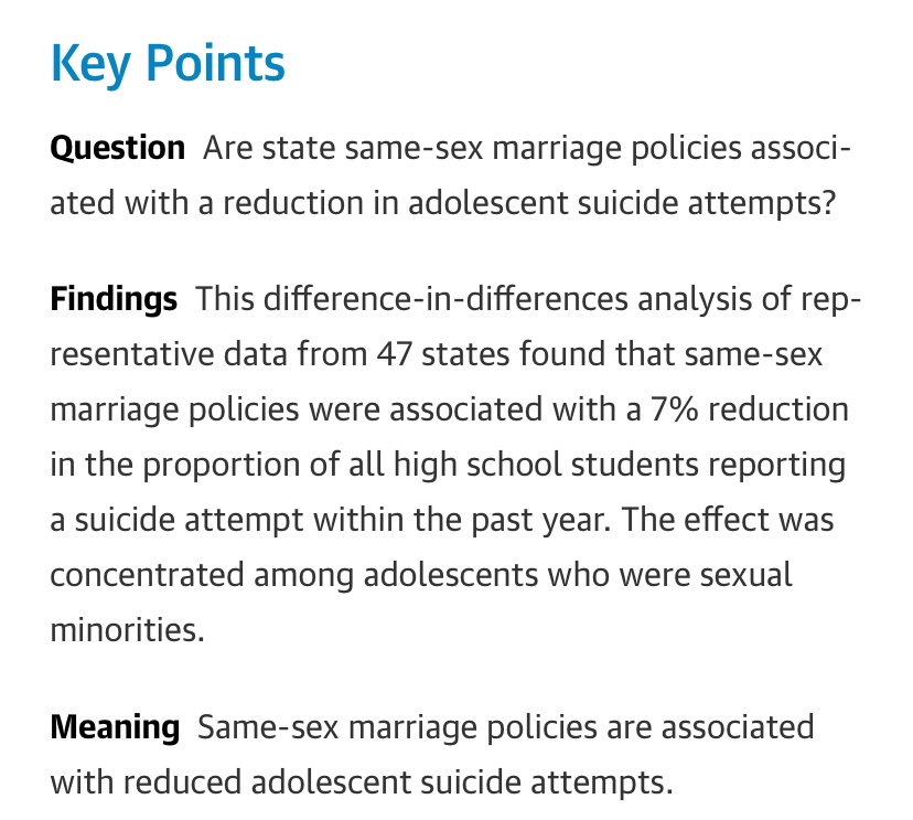 &, as the Lancet study notes, this finding - that marriage is associated with a reduced risk of suicide esp in men - applies to homosexuals as well as to heterosexuals https://jamanetwork.com/journals/jamapediatrics/fullarticle/2604258