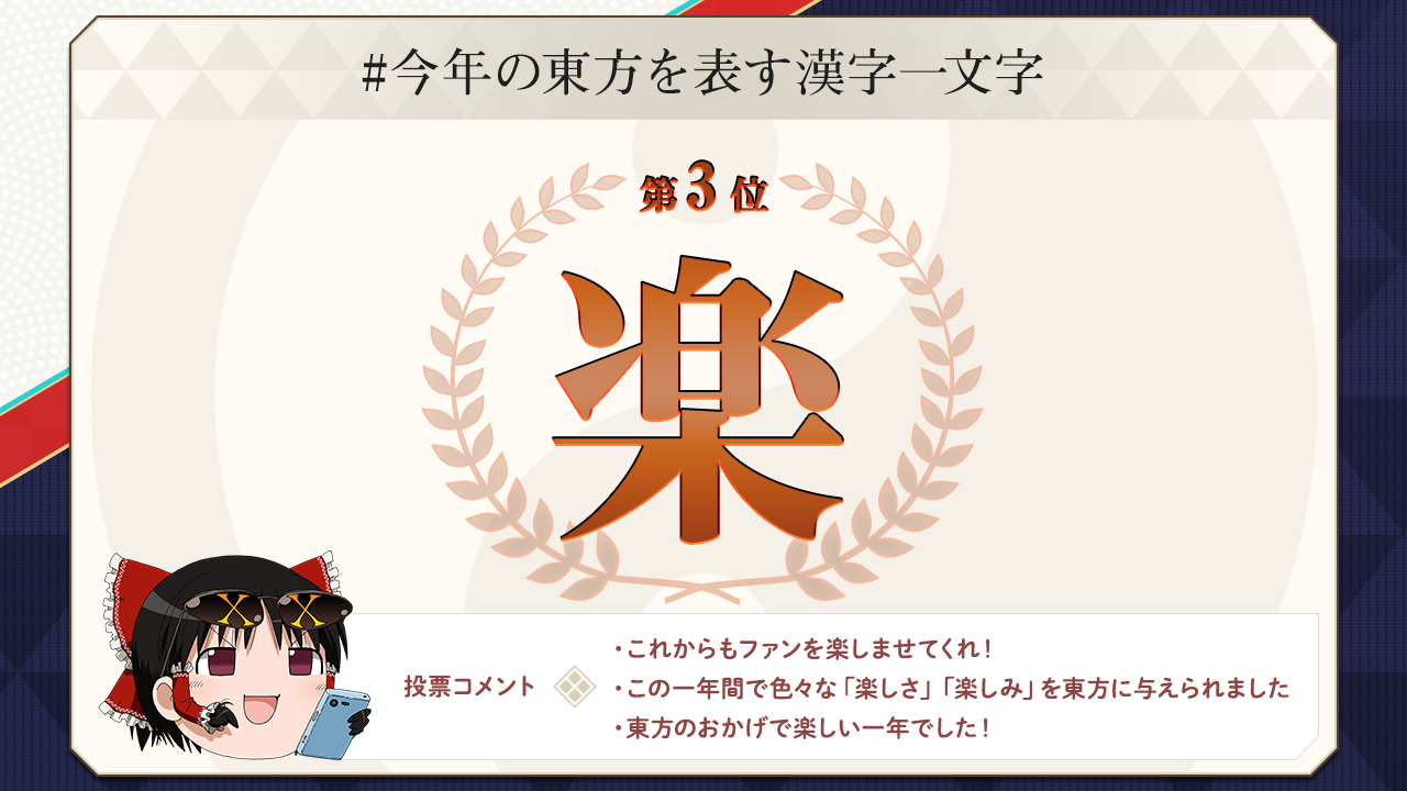 東方ダンマクカグラ 好評配信中 A Twitter 今年の東方を表す漢字一文字 投票が多かった漢字をランキングで発表 第3位 楽 年末カウントダウン動画公開中 T Co hxjcdaws 東方ダンマクカグラ 好評配信中 A Twitter 今年の東方を表す漢字一文字 投票が多かった漢字をランキングで発表 第3位 楽 年末カウントダウン動画公開中 T Co hxjcdaws